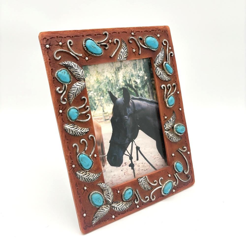 Western Faux Turquoise Silver Leaf Rustic Picture Frame Southwestern Decor 5x7
